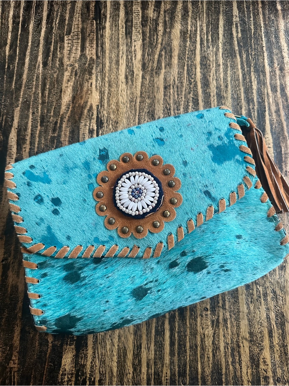 Lenani Turquoise Beaded cowhide Leather-Trim Women's Clutch